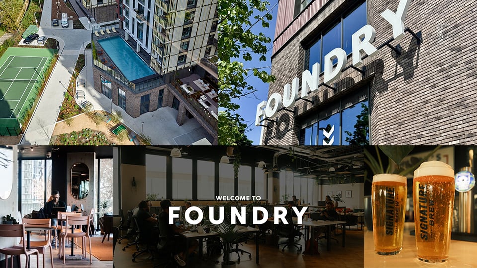 Collage showing Foundry workspace with rooftop pool, modern co-working offices, tennis court, and Signature Brew pints, highlighting the creative community and facilities at Foundry London.